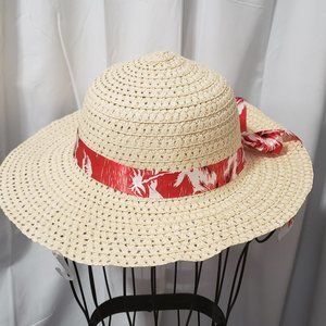 Straw Sun Hat W/ Tropical Flower Print Ribbon NWT